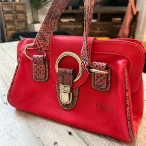 Vintage Hong Yun Oaris red leather hand bag snakeskin handles silver accents